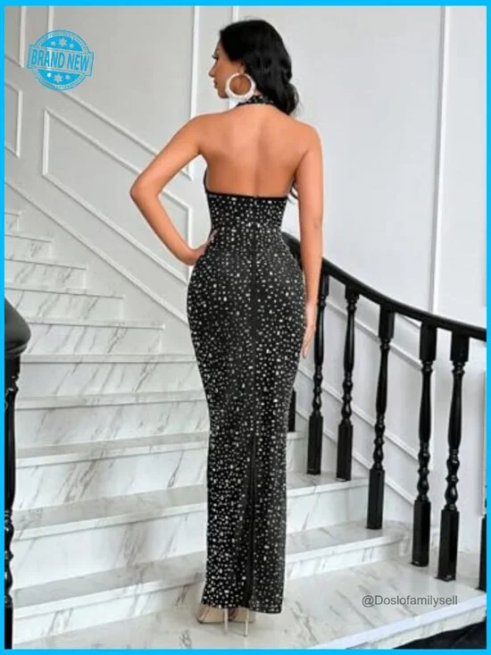 Elegant Halter Formal Evening Dress Rhinestone Decor Long Gown Cocktail Party - Picture 5 of 7